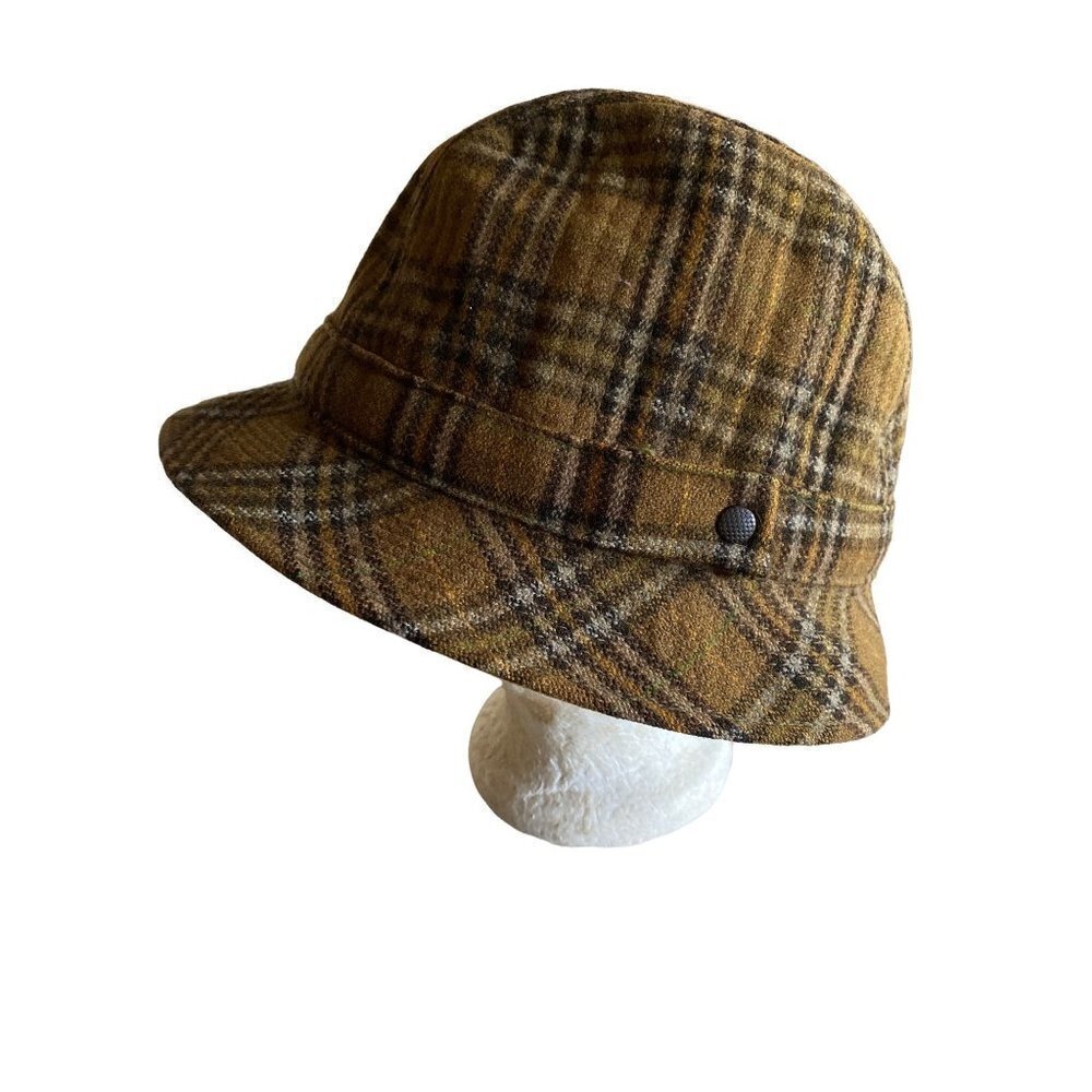 Vintage Brown‎ Green Plaid Wool Fedora Hat Cap One Size